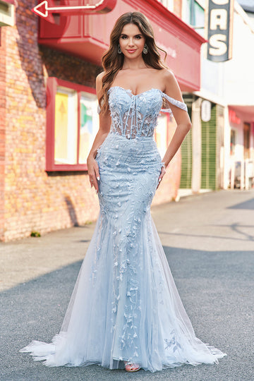 Sirène Applique Épaule Dénudée Corset Robe De Soirée Bleue
